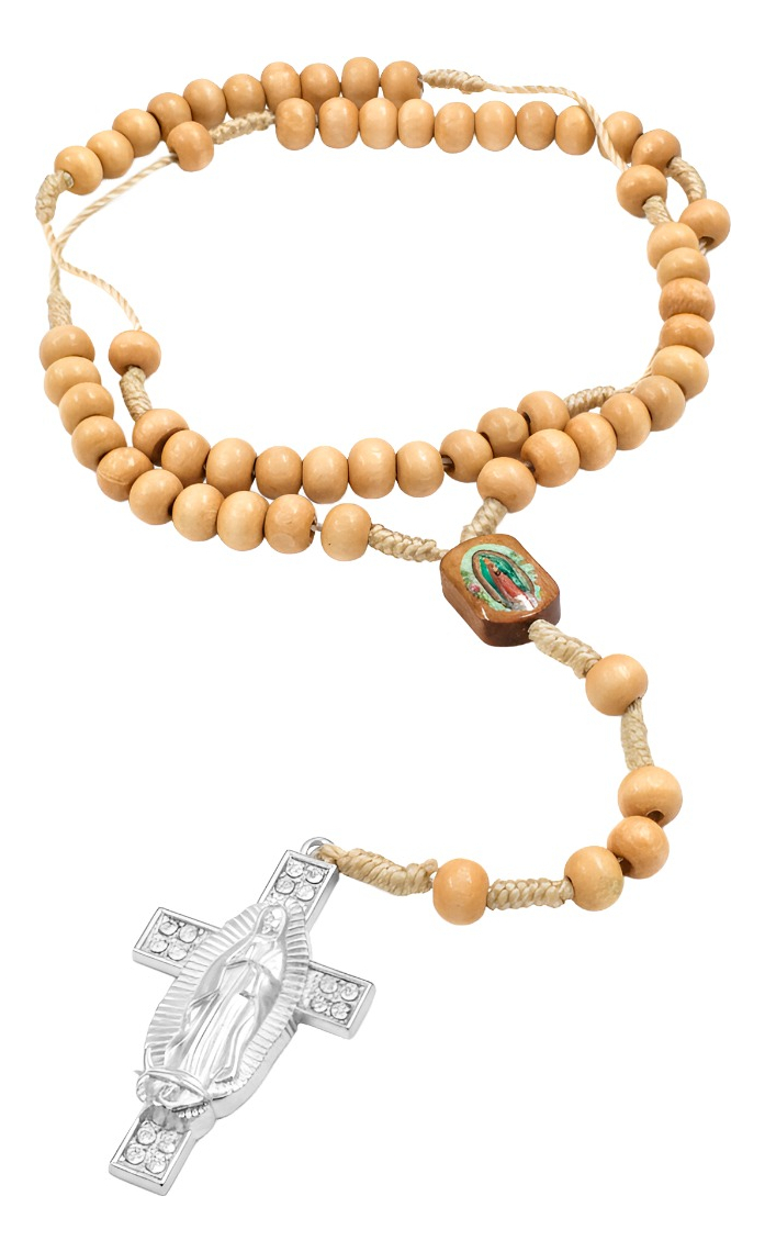 Rosario De Madera Con Cruz De La Virgen De Guadalupe Metal Beige