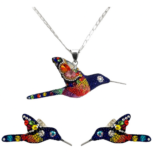 Collar Aretes Colibrí Artesanal Zirconias Plata Ley 925