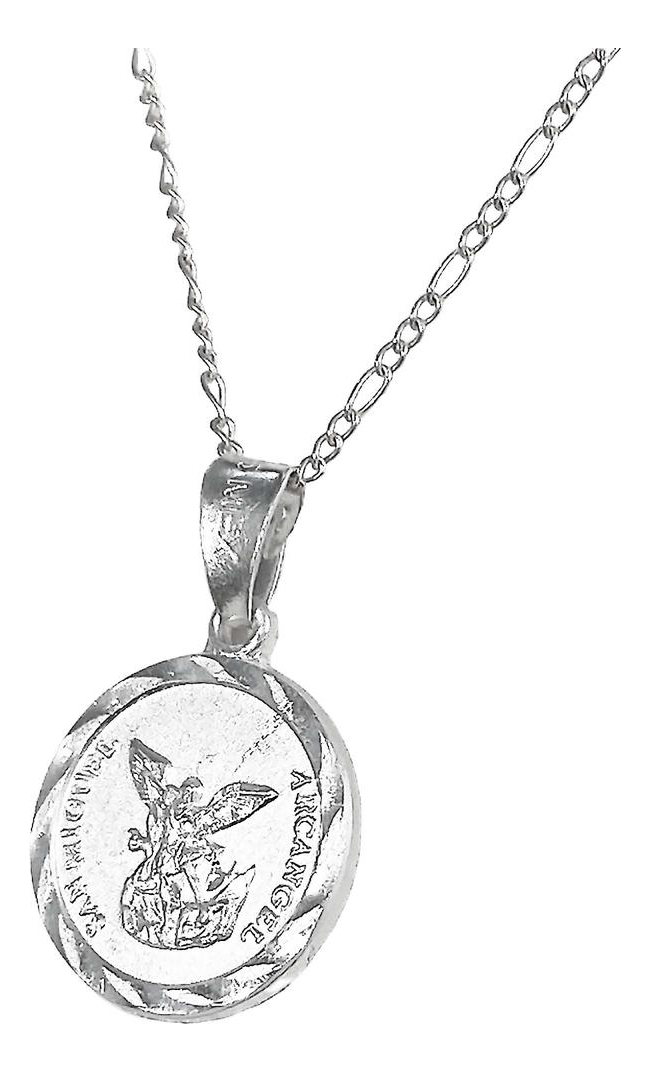 Collar San Miguel Arcangel Diamantado Mediano Plata Ley 925