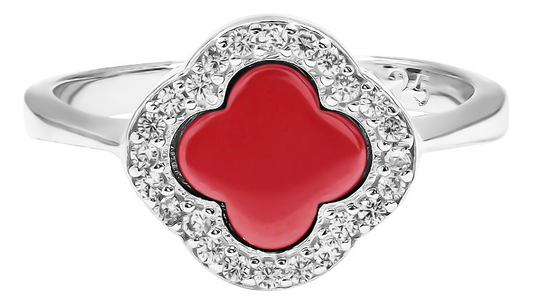 Anillo Trébol Esmaltado Con Orilla De Zirconia En Plata 925 Rojo 8