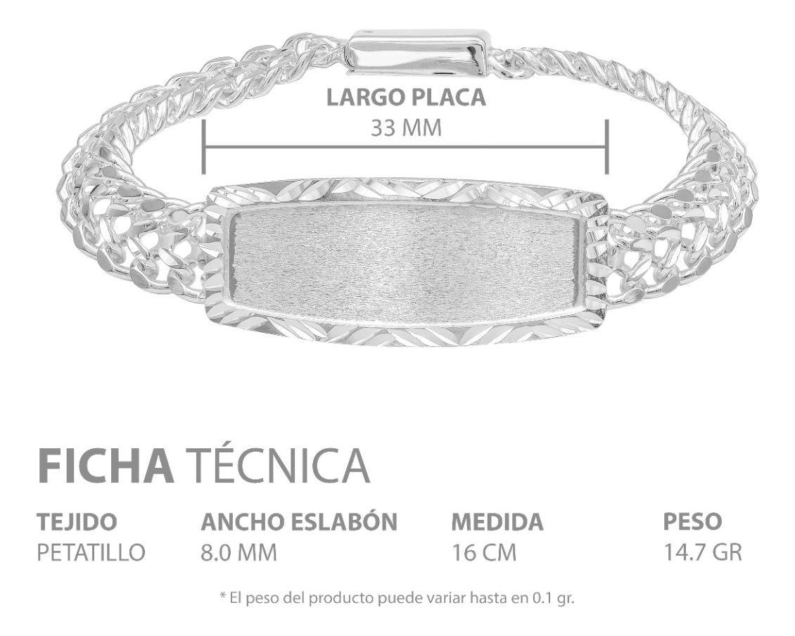 Joyaris Esclava Petatillo Placa Diamantada Plata 925 Hombre Plateado 16 Cm