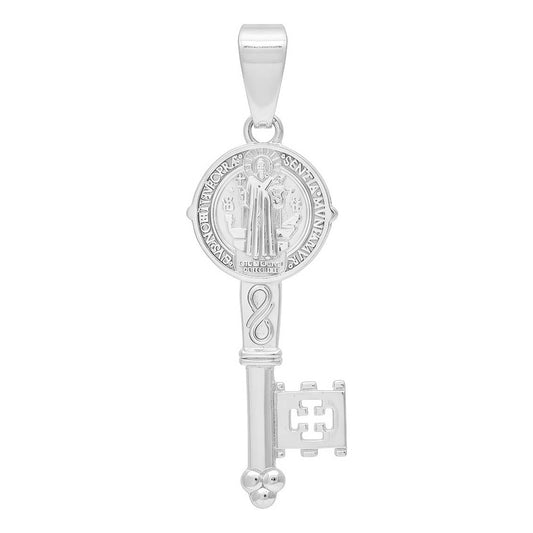 Dije Doble Vista Llave Medalla San Benito Plata 925 4.5 Cm Plateado