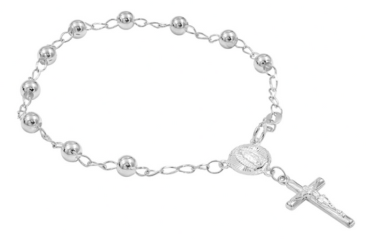 Pulsera Decenario Plata 925 Virgen Cruz De Cristo Bola Lisas Plateado 22 Cm