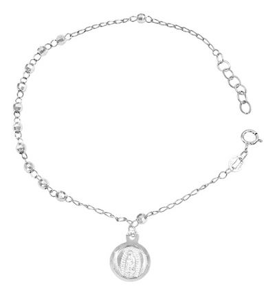 Pulsera Ajustable Plata 925 Virgen Guadalupe Bola Facetada Plateado 20 Cm