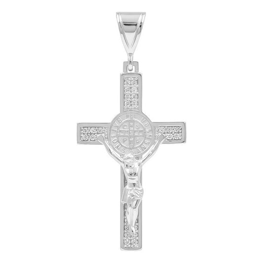 Dije Cruz San Benito Cristo Plata 925 Unisex Zirconia 4.6 Cm Plateado