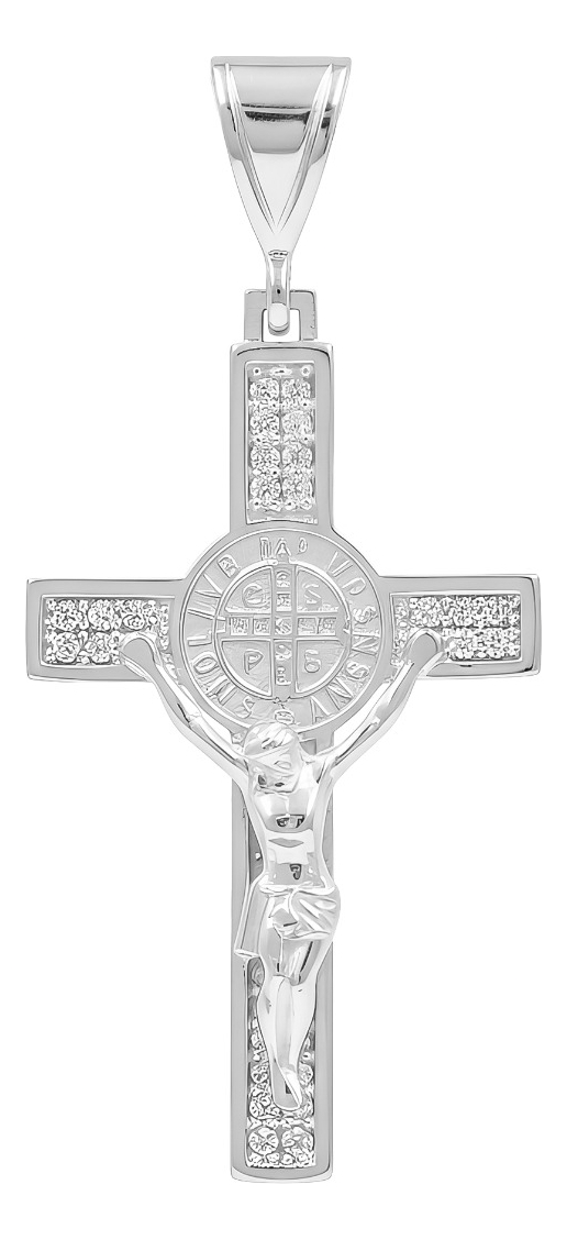 Dije Cruz San Benito Cristo Plata 925 Unisex Zirconia 4.6 Cm - Plateado