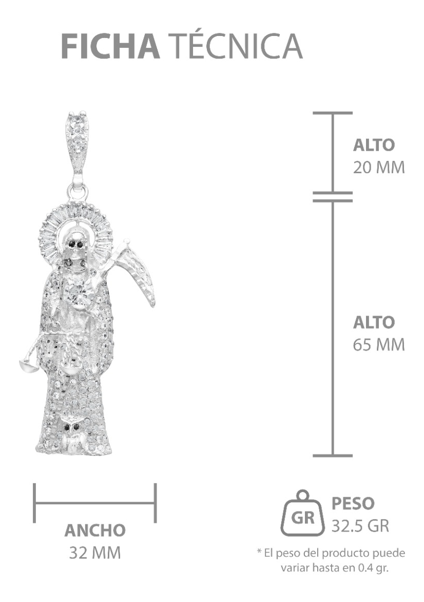 Joyaris Dije Santa Muerte 3d Grande Plata925 Hombre Zirconia Plateado