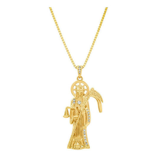 Dije De La Santa Muerte Con Zirconias Y Oro Laminado Cadena Amarillo