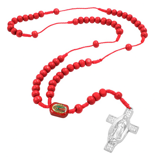 Rosario De Madera Con Cruz De La Virgen De Guadalupe Metal Rojo
