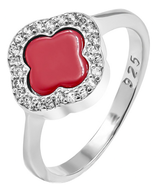 Anillo Trébol Esmaltado Con Orilla De Zirconia En Plata 925 Rojo 9