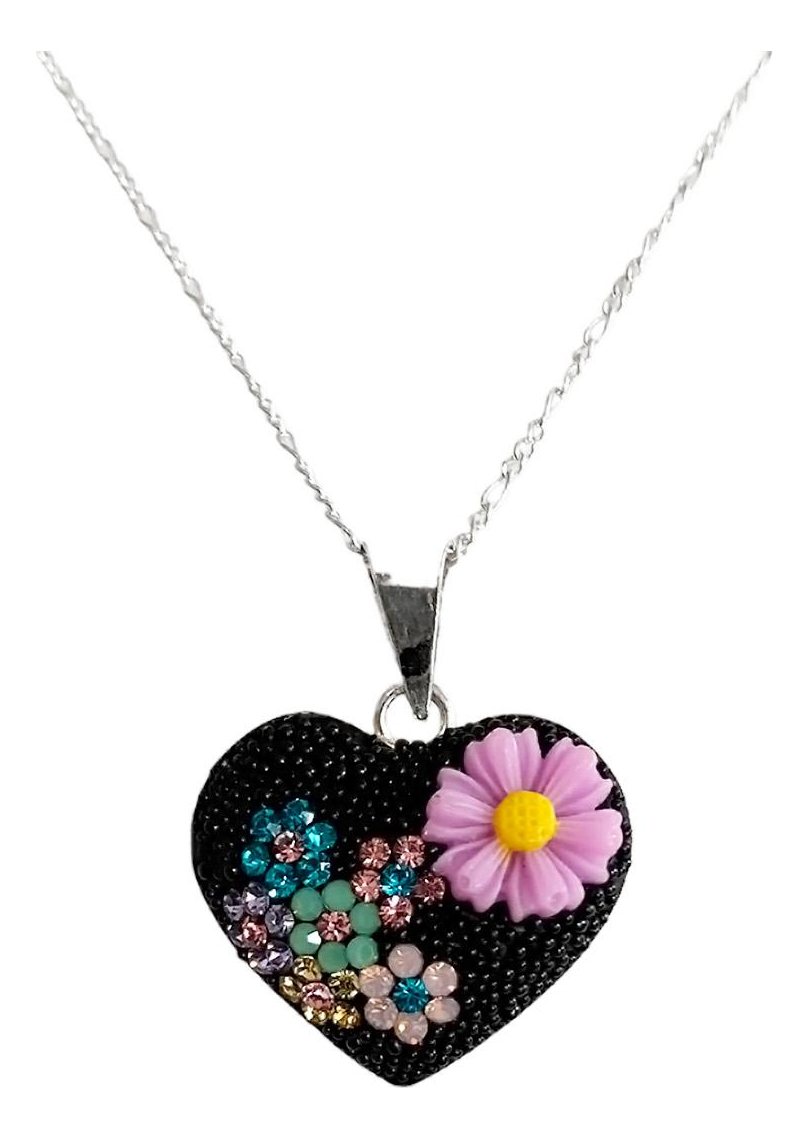 Collar Aretes Corazón Artesanal Chico Piedras Plata Ley 925