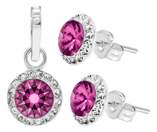 Juego Dije Aretes Plata 925 Con Cristales Zirconias 1.5 Cm Fucsia