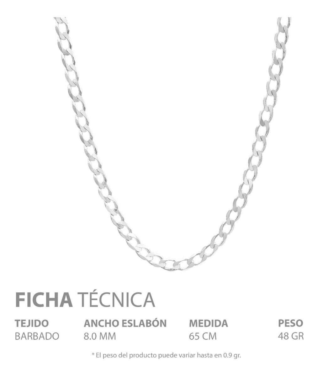 Cadena Cubana Barbada Gruesa Hombre Plata 925 8 Mm 65 Cm Plateado