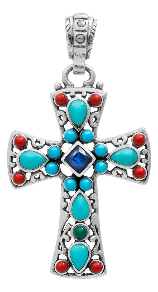 Dije Cruz Grande Plata 925 Piedra Natural Zirconia 4.3 Cm Azul