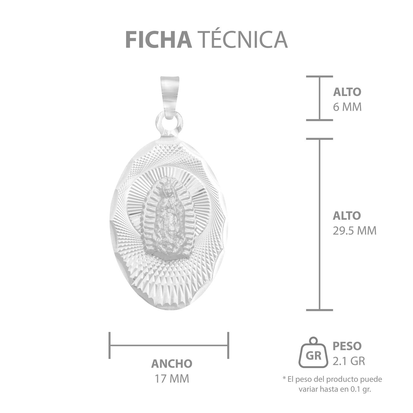 Dije Ovalada Diamantada Virgen Guadalupe Plata 925 1.7 Cm