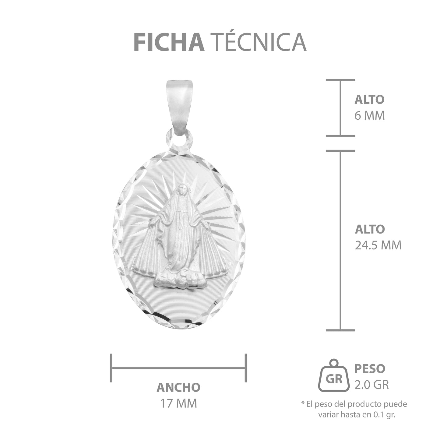 Dije Oval Diaman Estrella Virgen Milagrosa Plata 925 1.7 Cm