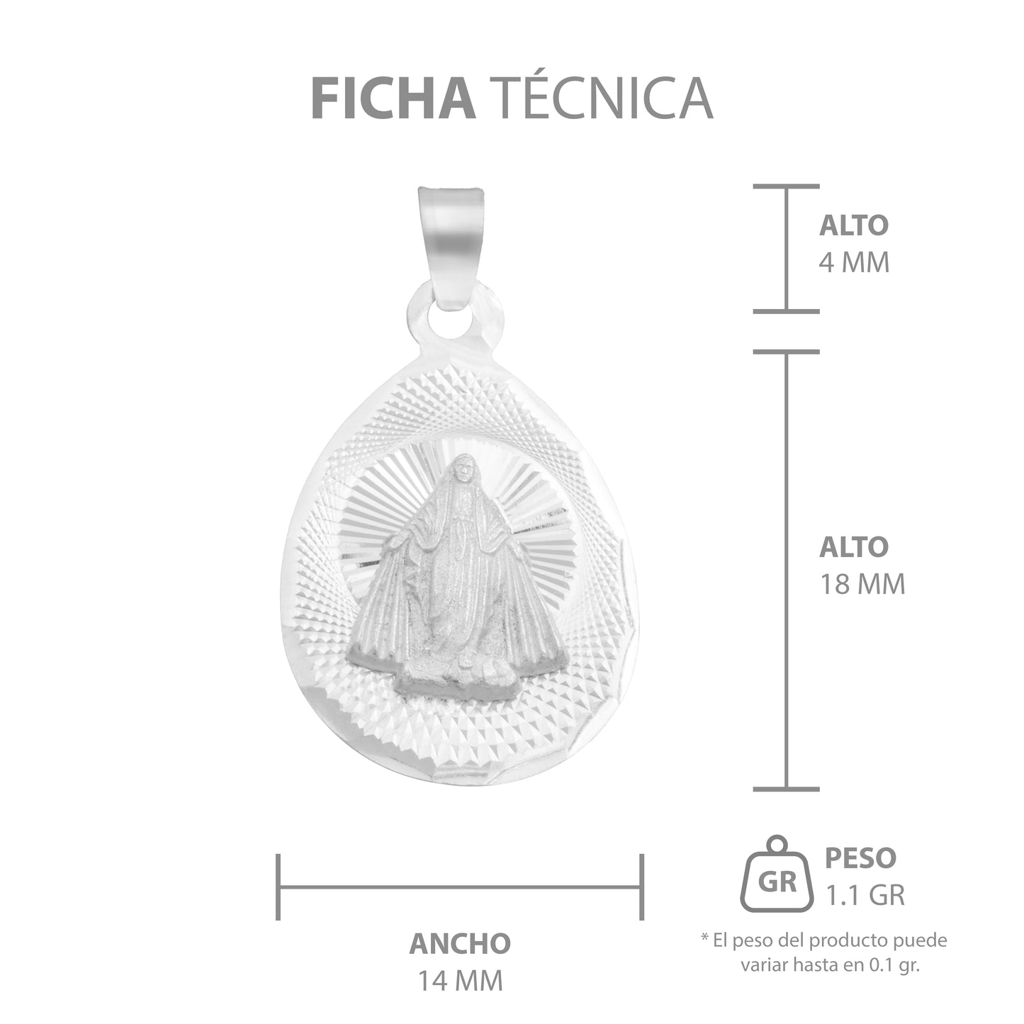 Dije Medalla Oval Diamanta Virgen Milagrosa Plata 925 1.4 Cm