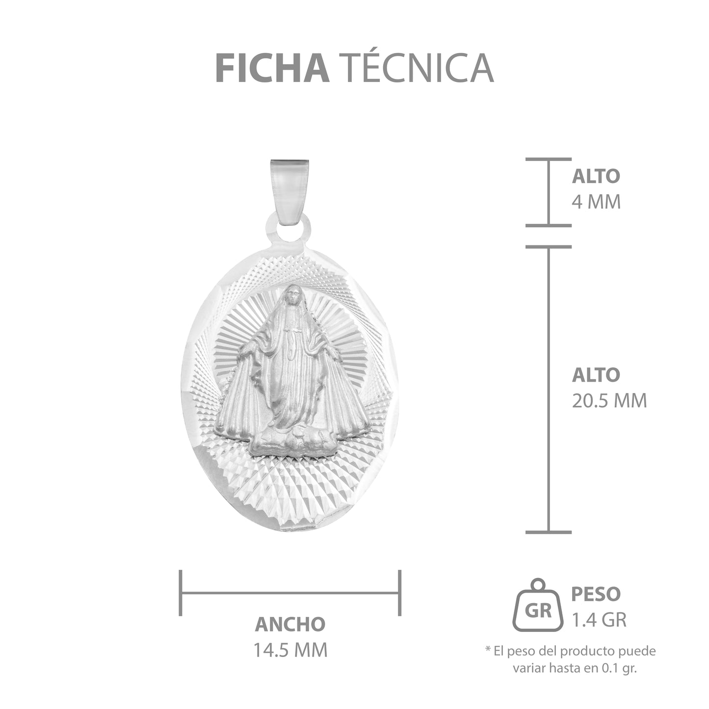 Dije Ovalada Diamantada Virgen Milagrosa Plata 925 1.4 Cm