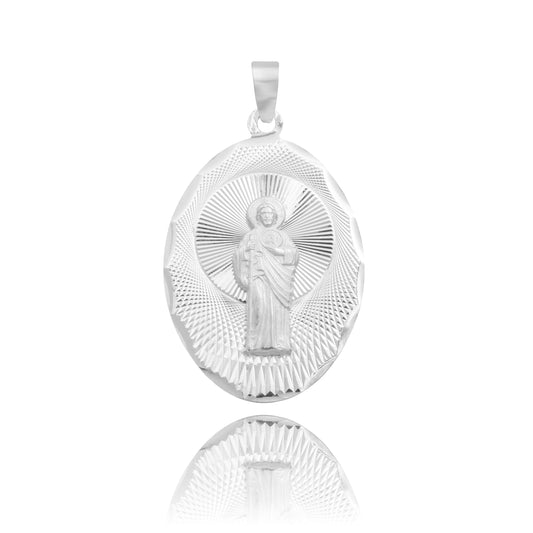 Dije Medalla Oval Diamantada San Judas Plata 925 1.7 Cm
