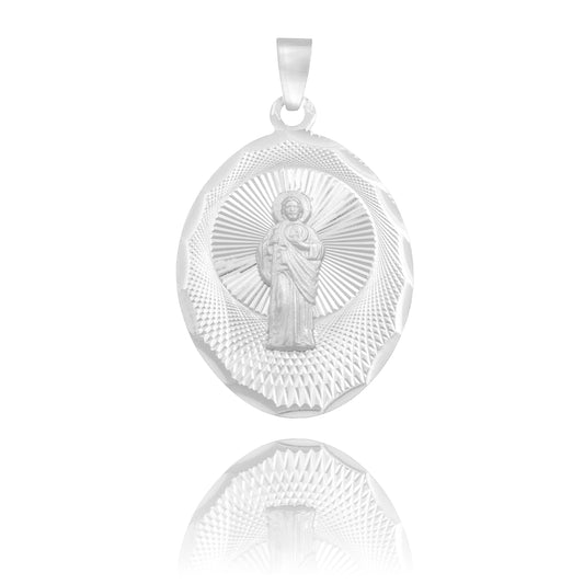 Dije Medalla Ovalada Diamantada San Judas Plata 925 2.2 Cm