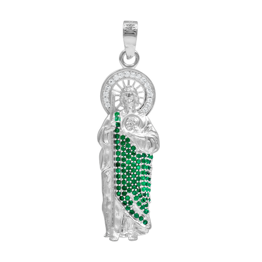 Dije Medalla San Judas Zirconias Causas Dificiles Plata 925 Verde