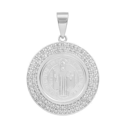 Dije Medalla San Benito Halo Zirconias Doble Plata Pura .999 Plateado