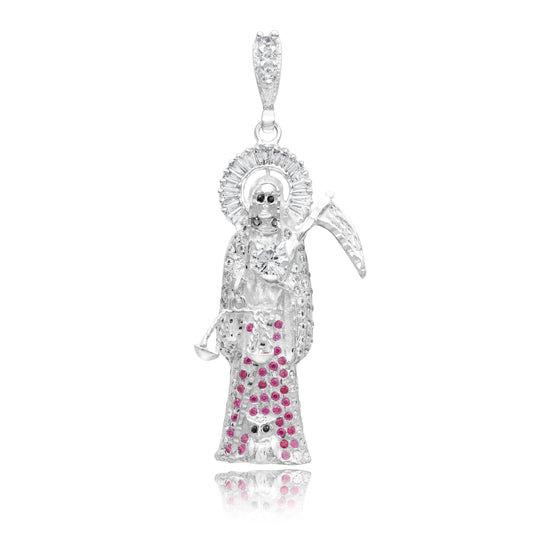 Joyaris Dije Santa Muerte 3d Grande Plata925 Hombre Zirconia Fucsia