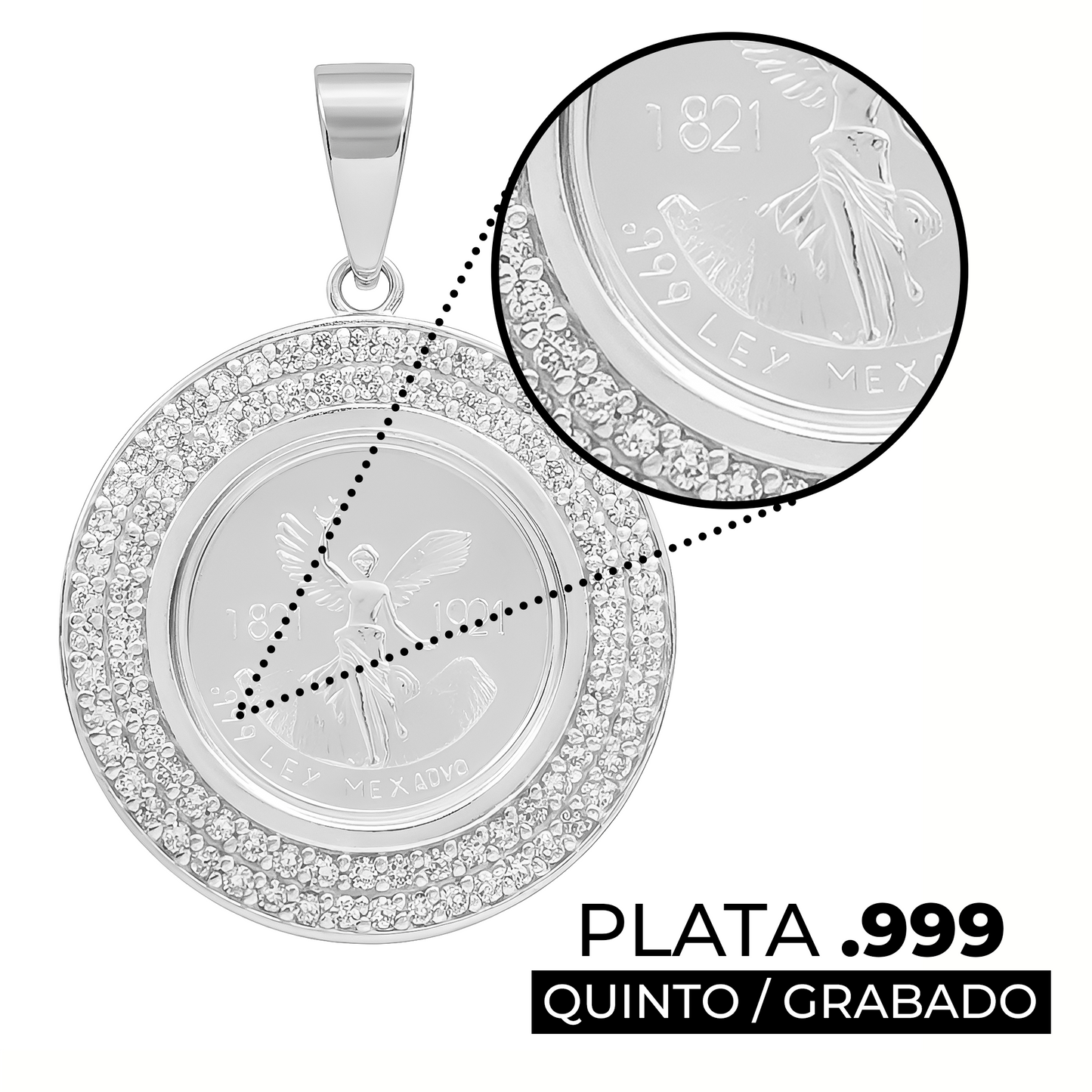 Dije Medalla Ángel Centenario Zirconias Doble Plata Pura 999 Plateado