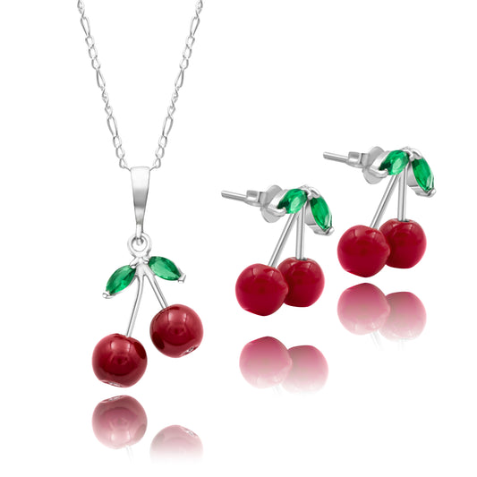 Joyaris Conjunto Dije Cadena Aretes Cereza Plata 925 Mujer Plateado