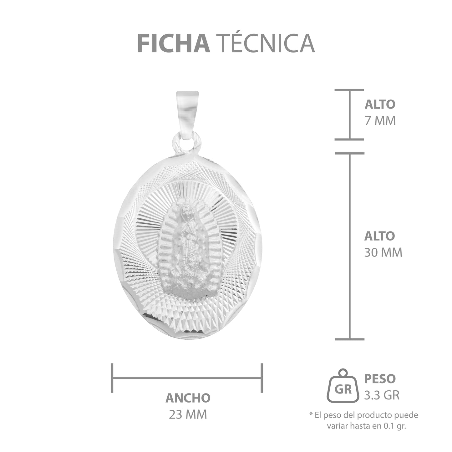 Dije Grande Oval Diamantada Virgen Guadalupe Plata 925 2.3cm