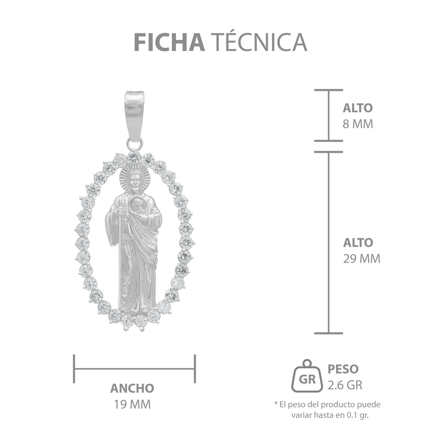 Dije San Judas Liso Borde Zirconias Hombre Plata 925 3.7 Cm