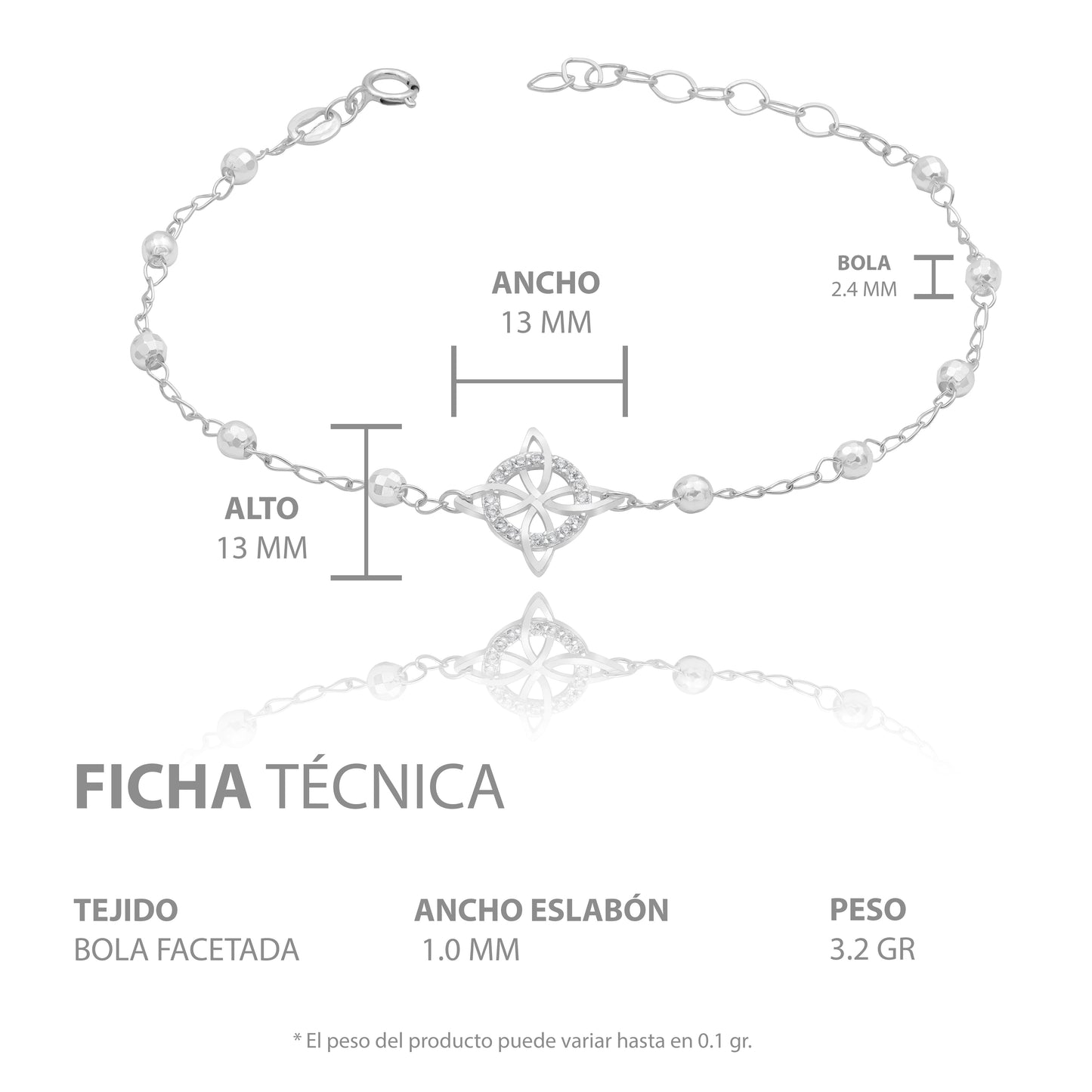 Pulsera Ajustable Nudo Bruja Bolitas Diamantadas Plata S925