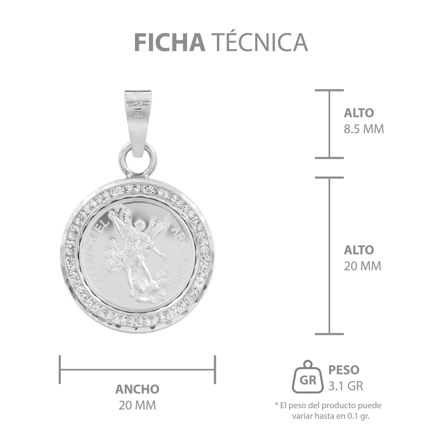 Dije Medalla San Miguel Arcangel Zirconias Plata Ley 999 Plateado