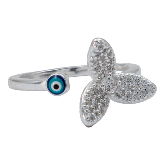 Anillo Ajustable Ojo Turco Flor Zirconias Mujer Plata 925