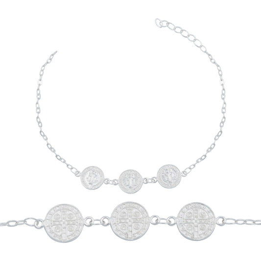 Pulsera Ajustable Medallas San Benito Doble Vista Plata 925