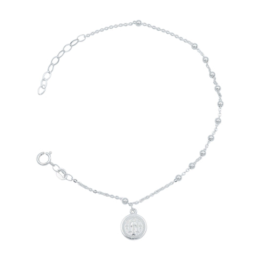 Pulsera Ajustable Medalla San Benito Bola Lisa 2mm Plata 925