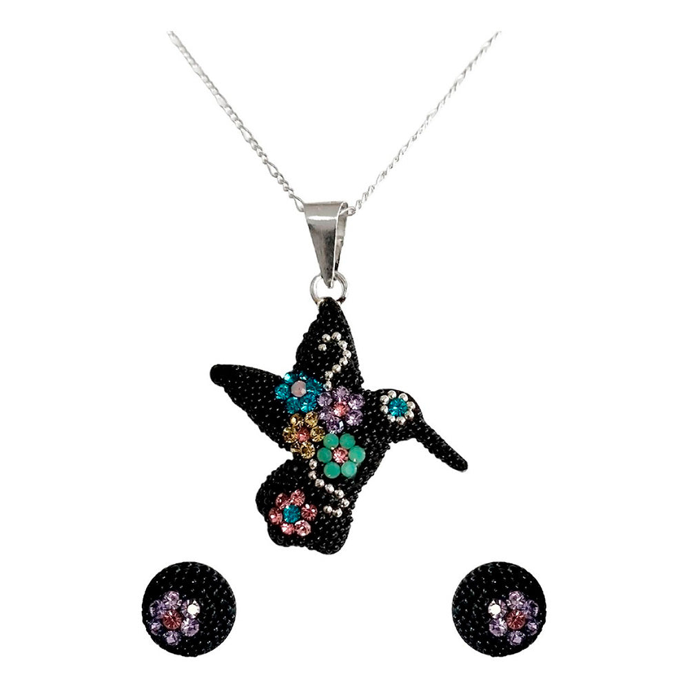 Collar Aretes Colibrí Artesanal Chico Piedras Plata Ley 925