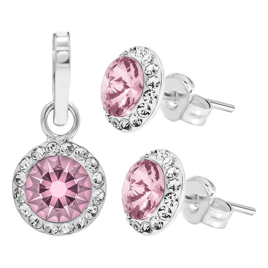 Juego Dije Aretes Plata 925 Con Cristales Zirconias 1.5 Cm Rosa