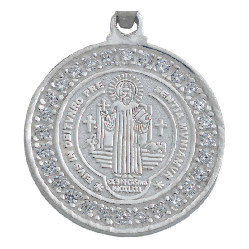 Dije Medalla San Benito Oración Zirconias Plata 925 2 Cm