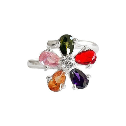 Anillo Flor 5 Pétalos Con Zirconias De Colores De Plata .925