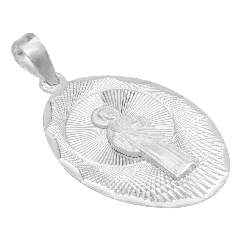 Dije Medalla Oval Diamantada San Judas Plata 925 2.5 Cm