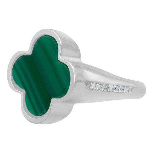 Anillo Grande Hombre Mujer Trebol Esmaltado Resina Plata 925 Verde 7.5