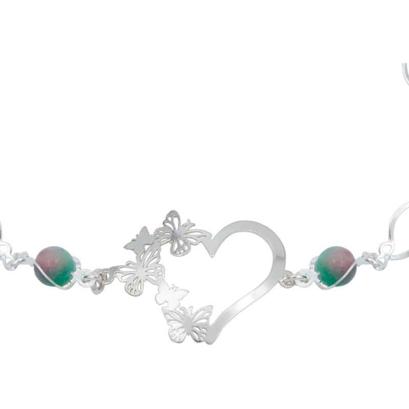 Pulsera Corazón Mariposas Piedra Natural Cuarzo Plata 925