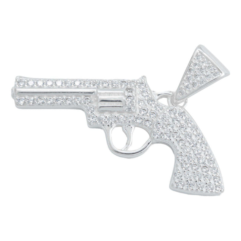 Collar Cadena Hombre Hiphop Revolver Gangster Plata 925 Blanco Alto/ancho 2.9 Cm X 4 Cm
