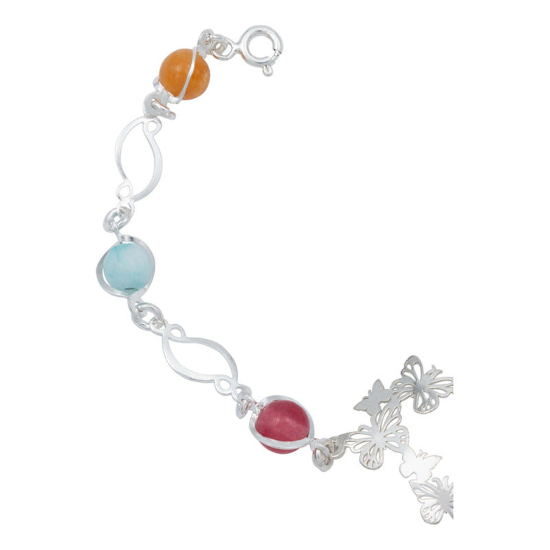 Pulsera Corazón Mariposas Piedra Natural Cuarzo Plata 925