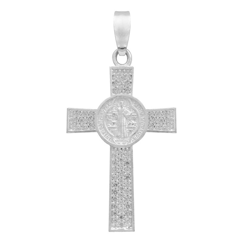 Dije Cruz San Benito Zirconias Unisex Plata 925 3.9 Cm Plateado