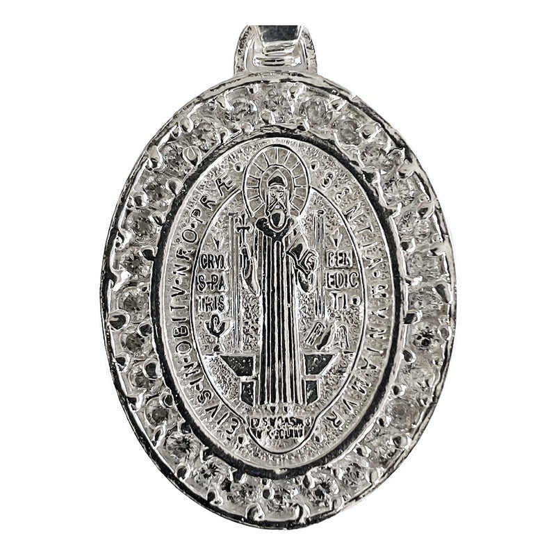 Dije Ovalo Mediano San Benito Doble Vista Zirconia Plata 925