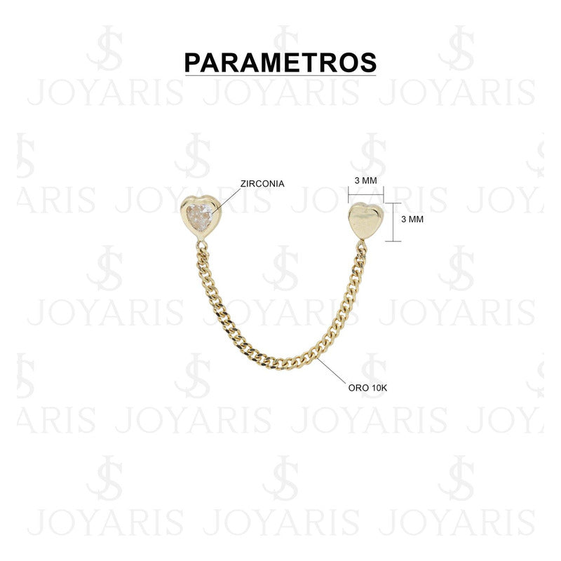 Arete Doble Broquel Corazón Cadena Zirconia Mujer Oro 10k