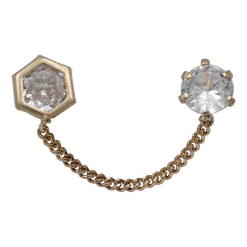 Arete Broquel Hexagono Grande Mujer Cadena Zirconia Oro 10k