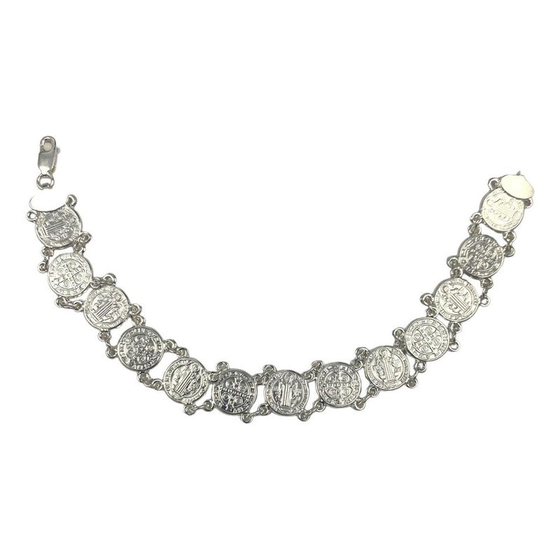 Pulsera San Benito Chica Medallas Plata Solida Ley 925